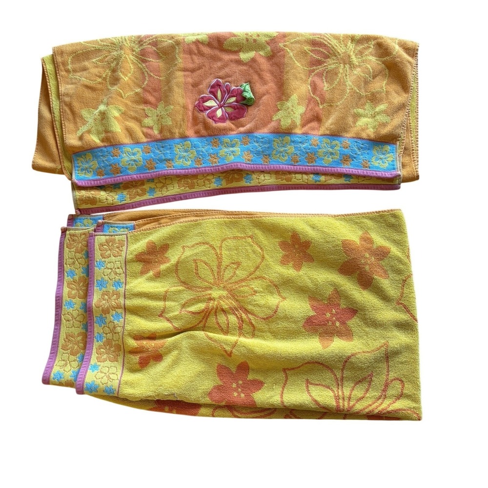 2 Vintage 90s Hibiscus Beach Towels Multicolor Embroider Appliqué Tropical Boho